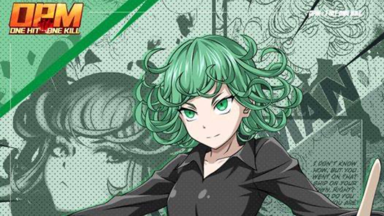 The featured image for our OPM: One Hit One Kill codes guide, featuring acharacter from the game. The girl has green hair and stands infront of a green background.
