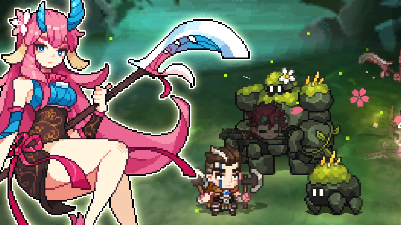 The featured image for our Unknown Knight codes guide, featuring a pixel woman from the game with pink hair and a bladed weapon, looking at the camera.