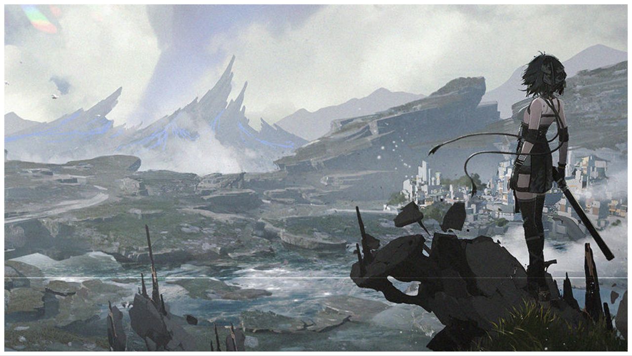 wuthering waves tier list feature image, with a character stood on a cliff top as she overlooks the debris, mountains, river and grassy rocks, there is also a city in the distance as the wind blows her clothes and hair
